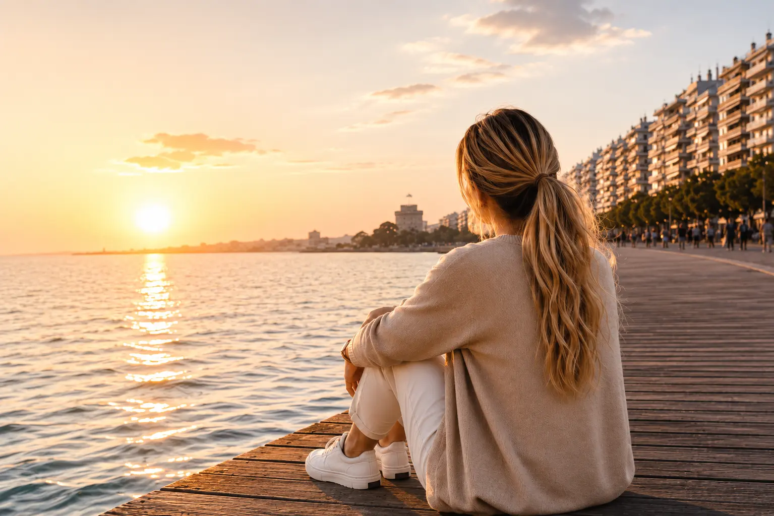 A woman sitting on the Thessaloniki waterfront at golden hour, looking out over the calm sea