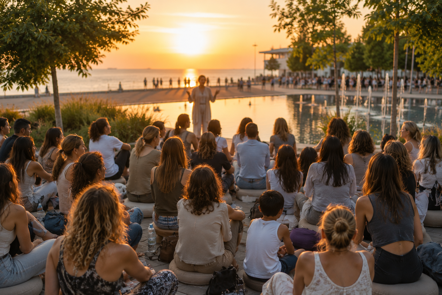 A gathering of people seated by the Thessaloniki waterfront at sunset, listening to a speaker at the nOUSoulogIA Forum in Action