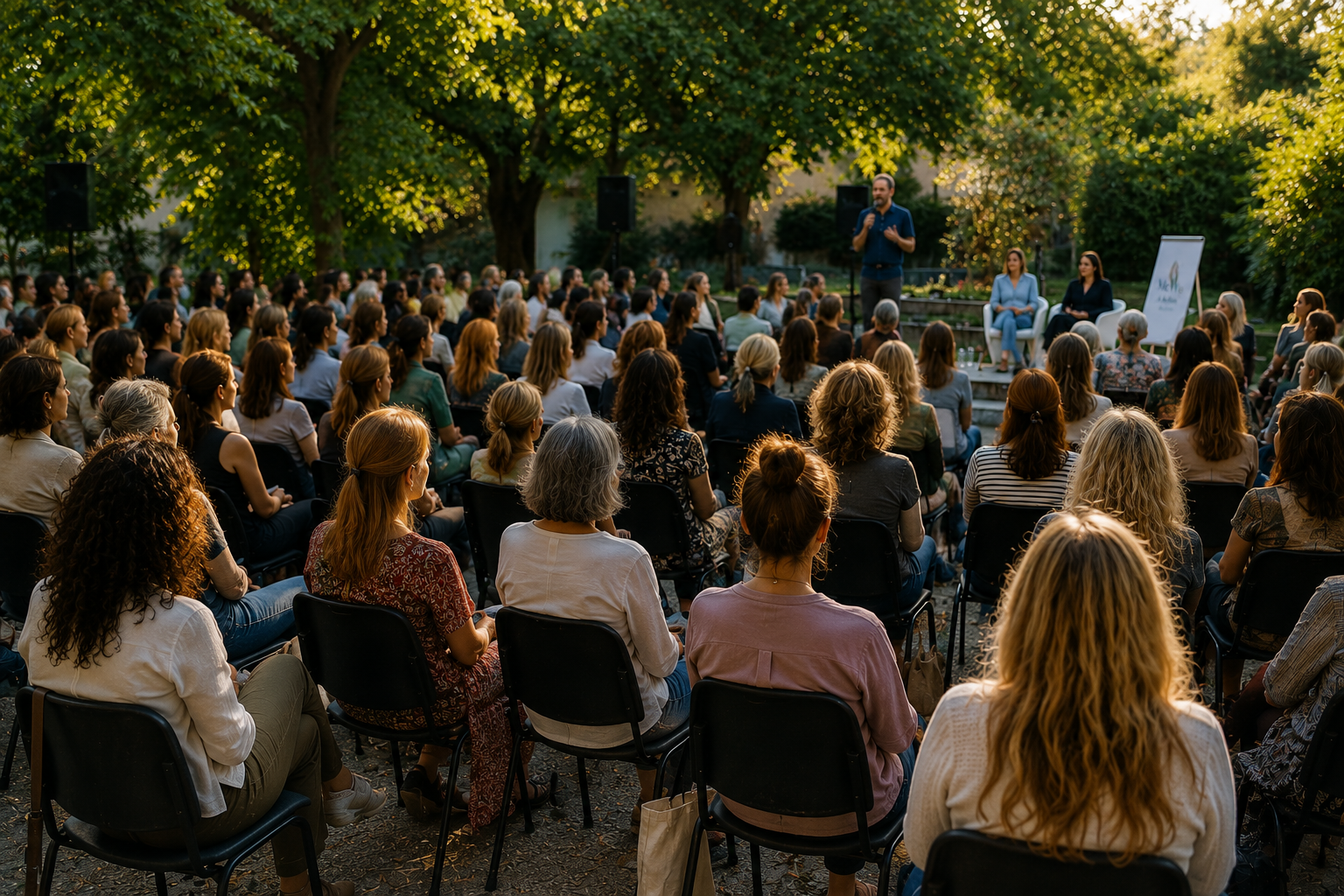 An outdoor MeWe community gathering under trees at golden hour