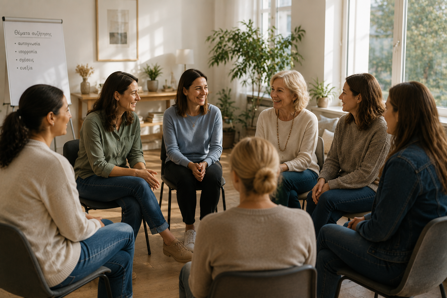 A small MeWe group workshop seated in a circle in a sunlit room